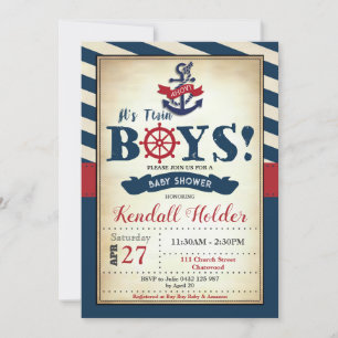 Vintage Nautical Baby Shower  Ahoy It's Twin Boys  Invitation