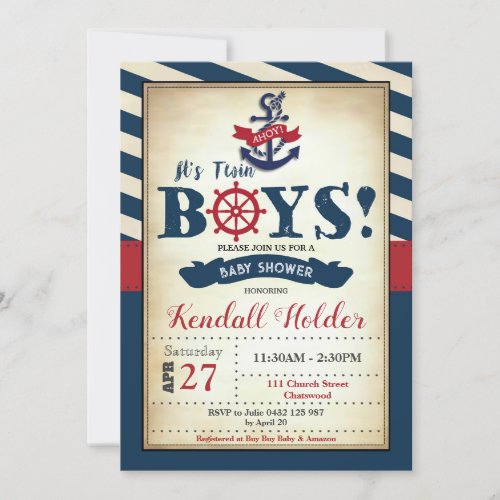 Vintage Nautical Baby Shower  Ahoy Its Twin Boys  Invitation