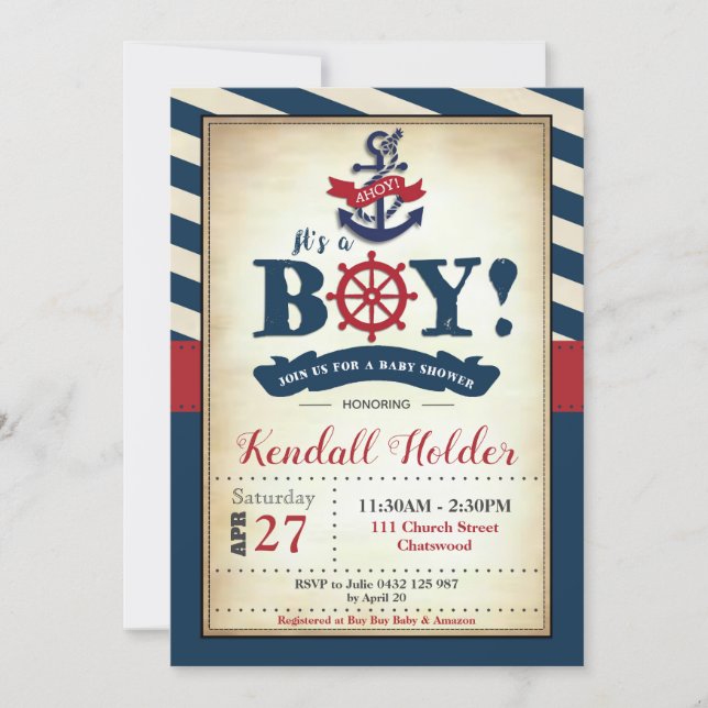 Vintage Nautical Baby Shower Invitation Boy (Front)