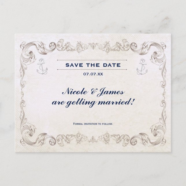 Vintage Nautical Beach Wedding Save The Date Card (Front)