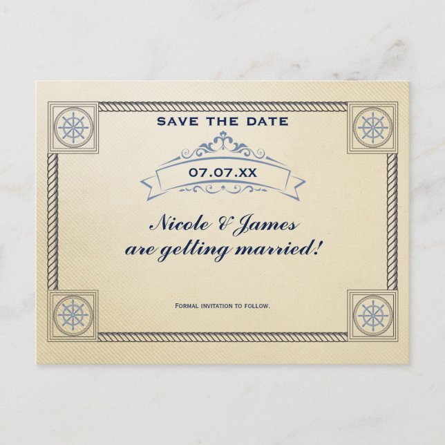 Vintage Nautical Beach Wedding Save The Date Card (Front)