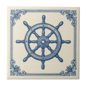 vintage Nautical Blue Captains Wheel Ceramic Tile