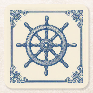 Vintage Nautical Blue Captains Wheel Square Paper Coaster