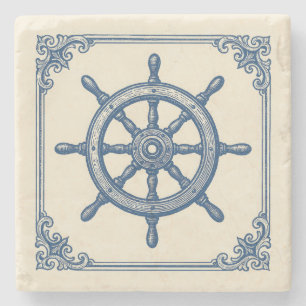 Vintage Nautical Blue Captains Wheel Stone Coaster