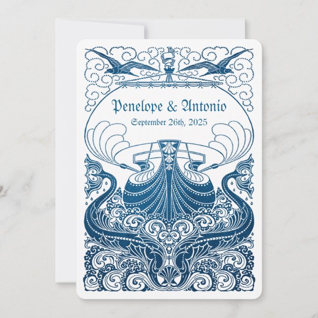 Vintage Nautical Blue Foil Wedding Invitations (Front)