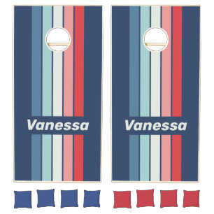Vintage Nautical Blue Pin Striped with Name Cornhole Set