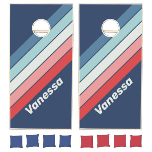 Vintage Nautical Blue Striped with Name Cornhole Set