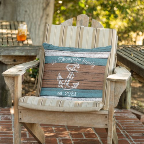 Vintage Nautical Boat Anchor On Woodgrain Pattern Outdoor Pillow