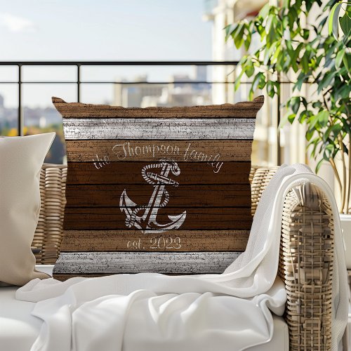 Vintage Nautical Boat Anchor On Woodgrain Pattern Outdoor Pillow