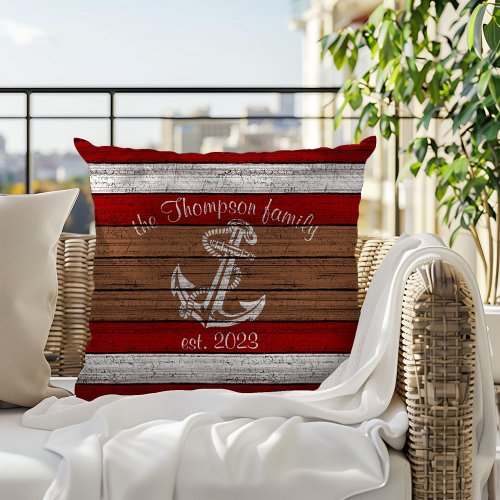 Vintage Nautical Boat Anchor On Woodgrain Pattern Outdoor Pillow