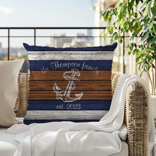 Vintage Nautical Boat Anchor On Woodgrain Pattern Outdoor Pillow