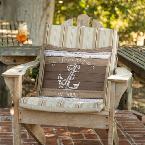 Vintage Nautical Boat Anchor On Woodgrain Pattern Outdoor Pillow
