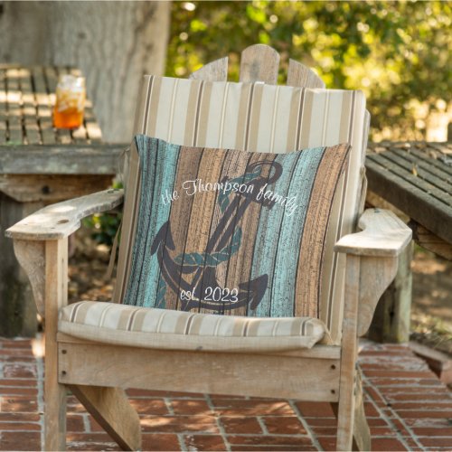 Vintage Nautical Boat Anchor On Woodgrain Pattern Outdoor Pillow