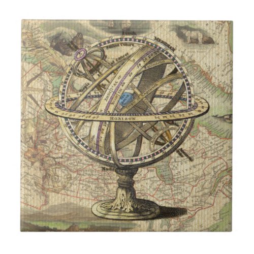 Vintage Nautical Compass and Map Ceramic Tile