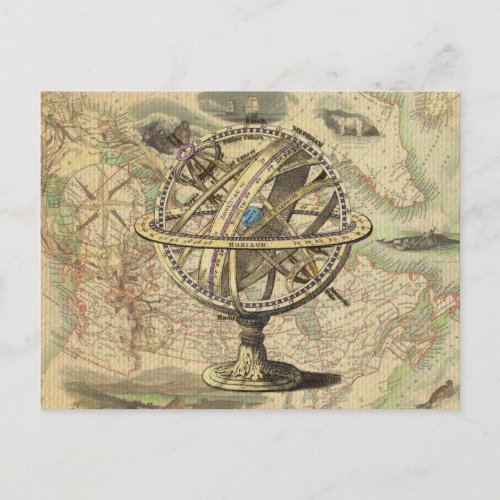 Vintage Nautical Compass and Map Postcard