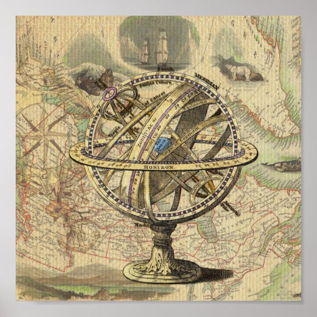 Vintage Nautical Compass and Map Poster (Front)