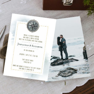 Vintage Nautical Compass Photo Wedding Invitation