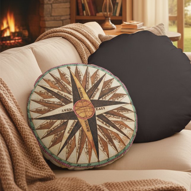 Vintage Nautical Compass Rose Cotton Pillow (Vintage nautical art accent pillow.)