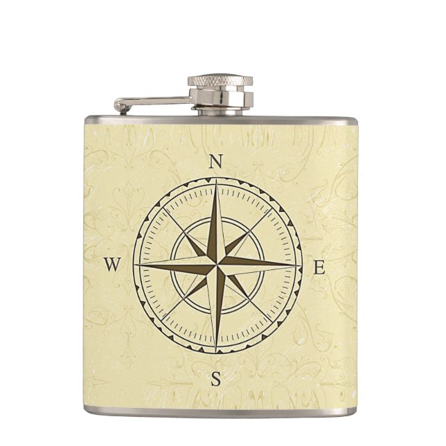 Vintage Nautical Compass Rose Ivory Hip Flask (Front)