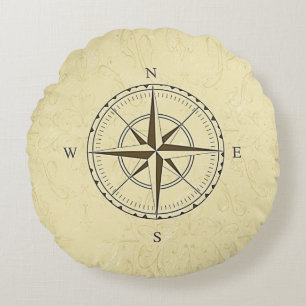 Vintage Nautical Compass Rose Ivory Round Pillow