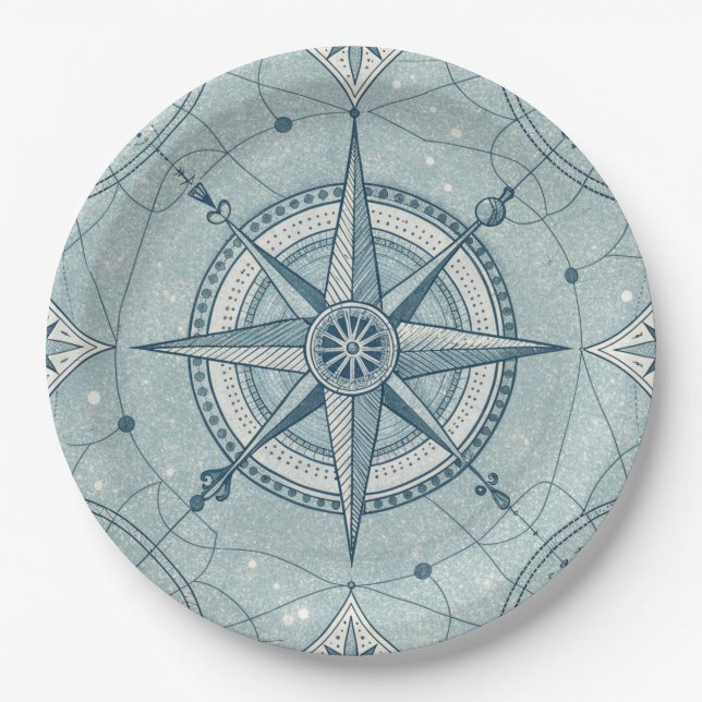 Vintage Nautical Compass Rose Pattern Paper Plates (Front)