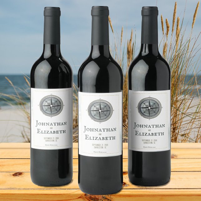 Vintage Nautical Compass Wedding Wine Label (Vintage Nautical Compass Wedding Wine Labels)