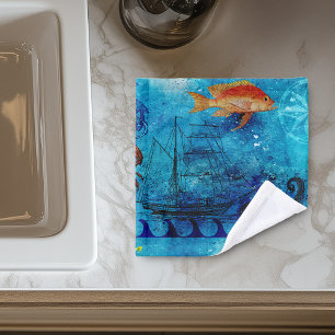 Vintage Nautical Deep Blue Sea Wash Cloth