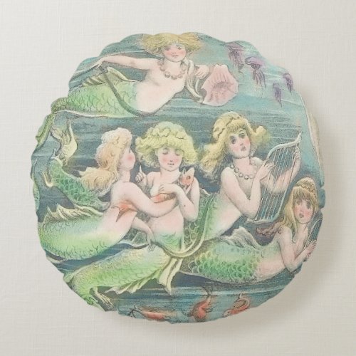 Vintage Nautical Fantasy Mermaids Be a Mermaid Round Pillow
