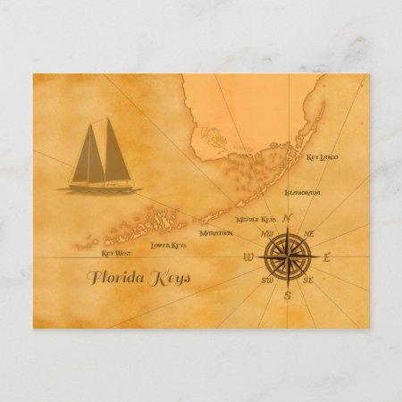 Vintage Nautical Florida Keys Map Postcard