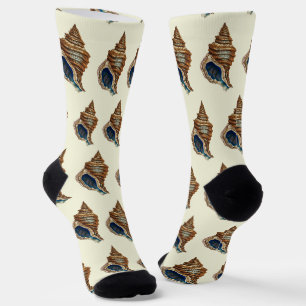 Vintage Nautical George Shaw Blue Conch Shell Art Socks