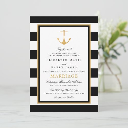 Vintage Nautical Gold Anchor Black  Gold Wedding Invitation