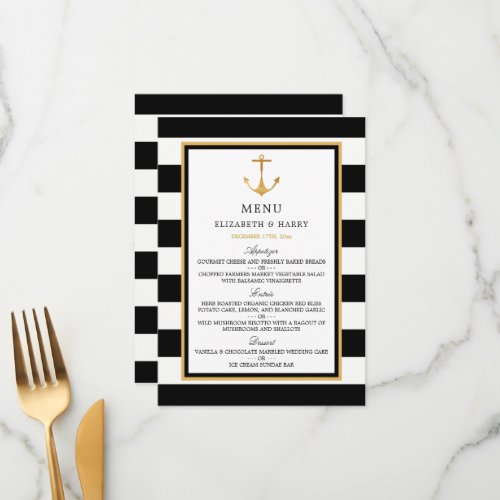 Vintage Nautical Gold Anchor Black  Gold Wedding Menu