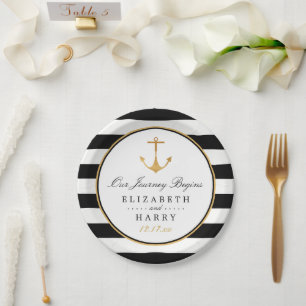 Vintage Nautical Gold Anchor, Black & Gold Wedding Paper Plates