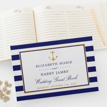 Vintage Nautical Gold Anchor  Navy & Gold Wedding Guest Book by StampedyStamp at Zazzle