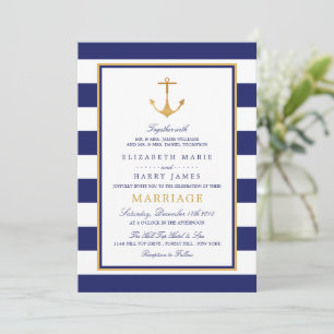 Vintage Nautical Gold Anchor, Navy & Gold Wedding Invitation