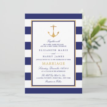 Vintage Nautical Gold Anchor  Navy & Gold Wedding Invitation by StampedyStamp at Zazzle