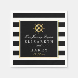 Vintage Nautical Gold Wheel, Black & Gold Wedding Napkins