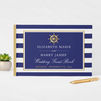 Vintage Nautical Gold Wheel  Navy & Gold Wedding Guest Book by StampedyStamp at Zazzle