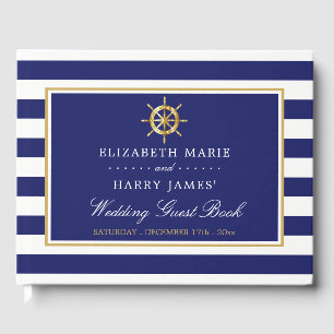 Vintage Nautical Gold Wheel, Navy & Gold Wedding Guest Book