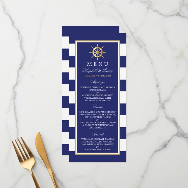 Vintage Nautical Gold Wheel, Navy & Gold Wedding Menu (Front/Back In Situ)