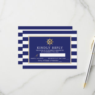 Vintage Nautical Gold Wheel, Navy & Gold Wedding RSVP Card