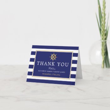 Vintage Nautical Gold Wheel  Navy & Gold Wedding Thank You Card by StampedyStamp at Zazzle