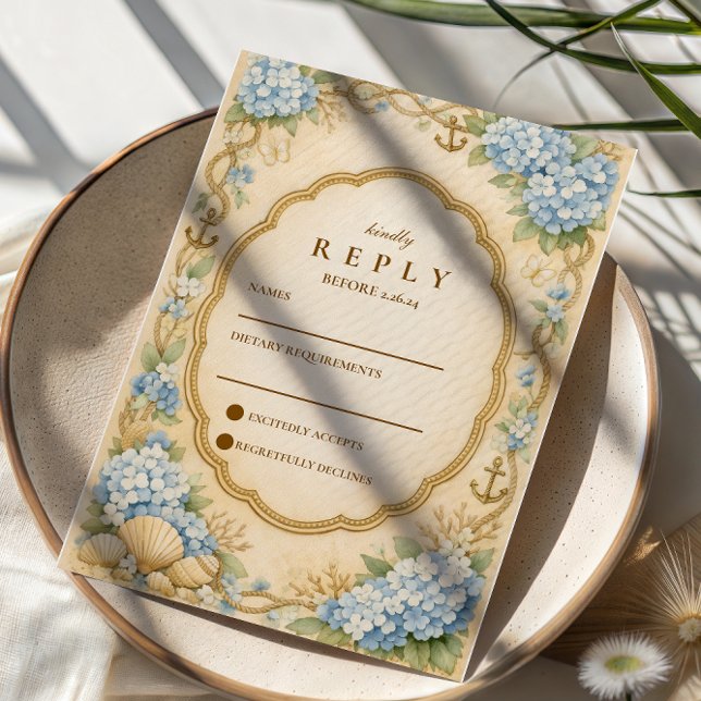 Vintage Nautical Hydrangea Wedding RSVP Card (Creator Uploaded)