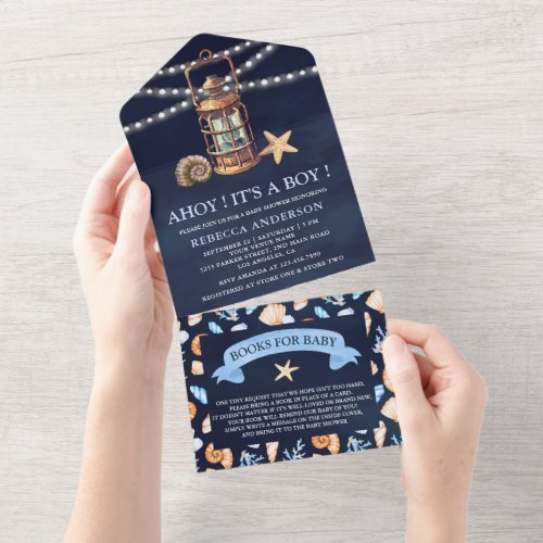 Vintage Nautical Lantern Navy Blue Baby Shower All In One Invitation