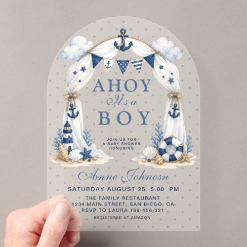 Vintage Nautical Lighthouse Ahoy It's a Boy Baby Acrylic Invitations