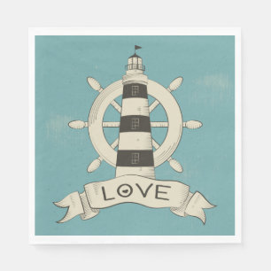 Vintage Nautical Lighthouse & Ship Wheel Blue Paper Napkins