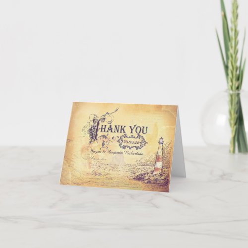 Vintage nautical lighthouse wedding thank you card - Lighthouse wedding thank you cards with beautiful antique typography and vintage seascape drawing