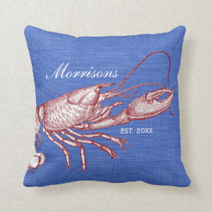 Vintage Nautical Lobster Monogram Beach House Throw Pillow
