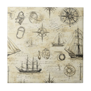 Vintage Nautical Map Pattern with Ships & Compass Ceramic Tile