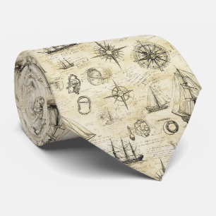 Vintage Nautical Map Pattern with Ships & Compass Neck Tie